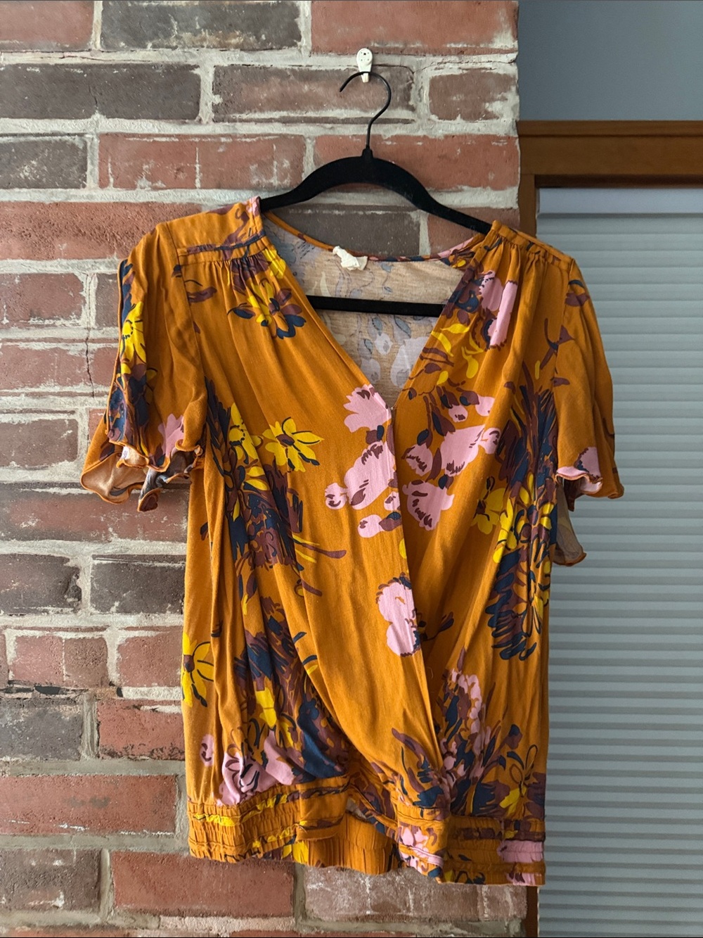 Women’s Floral Wrap-Style Blouse in Mustard with Pink Accents